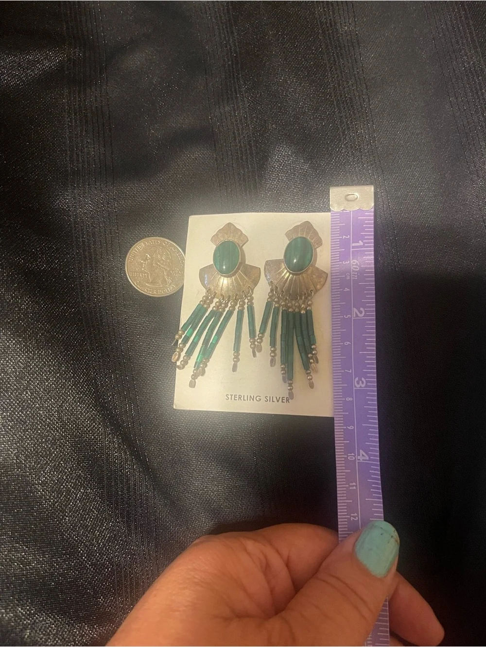 Navajo Sterling Silver and Malachite Stone Fringe Earrings